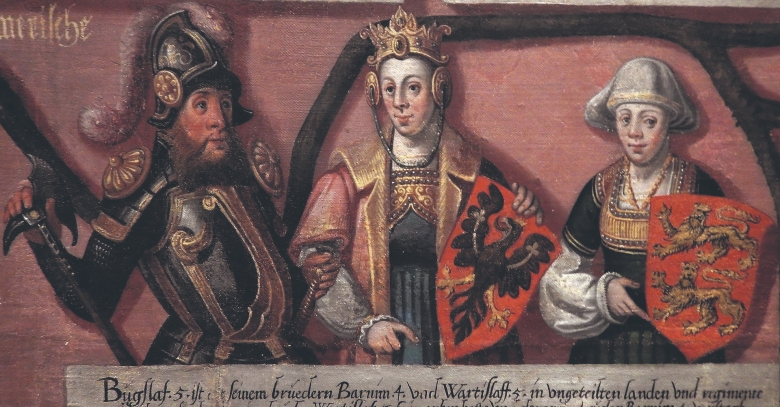Gemälde im Rügenwalder Schloss: Bogislaw V. mit seinen beiden Gemahlinnen Elisabeth von Polen und Adelheid von Braunschweig. Aus dem Stammbaum der Greifen, geschaffen 1598 von dem niederländischen Maler Cornelius Krommeny  